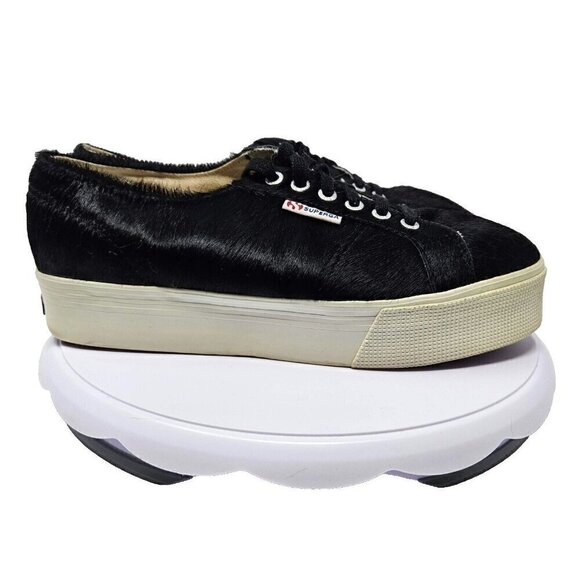 Superga Pony Hair Platform Sneakers Shoes Black & White Women’s Size 10 Lace Up - Picture 1 of 10